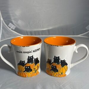 Creepin' Meow Halloween Mugs Orange and White 17oz cat lover mug set
